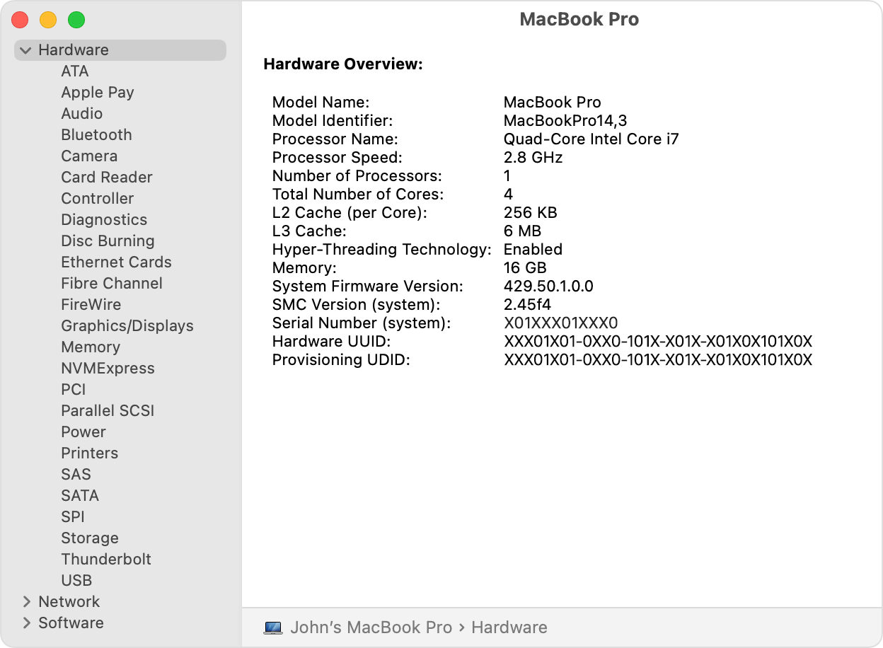 macOS Big Sur Mbp System Report Hardware